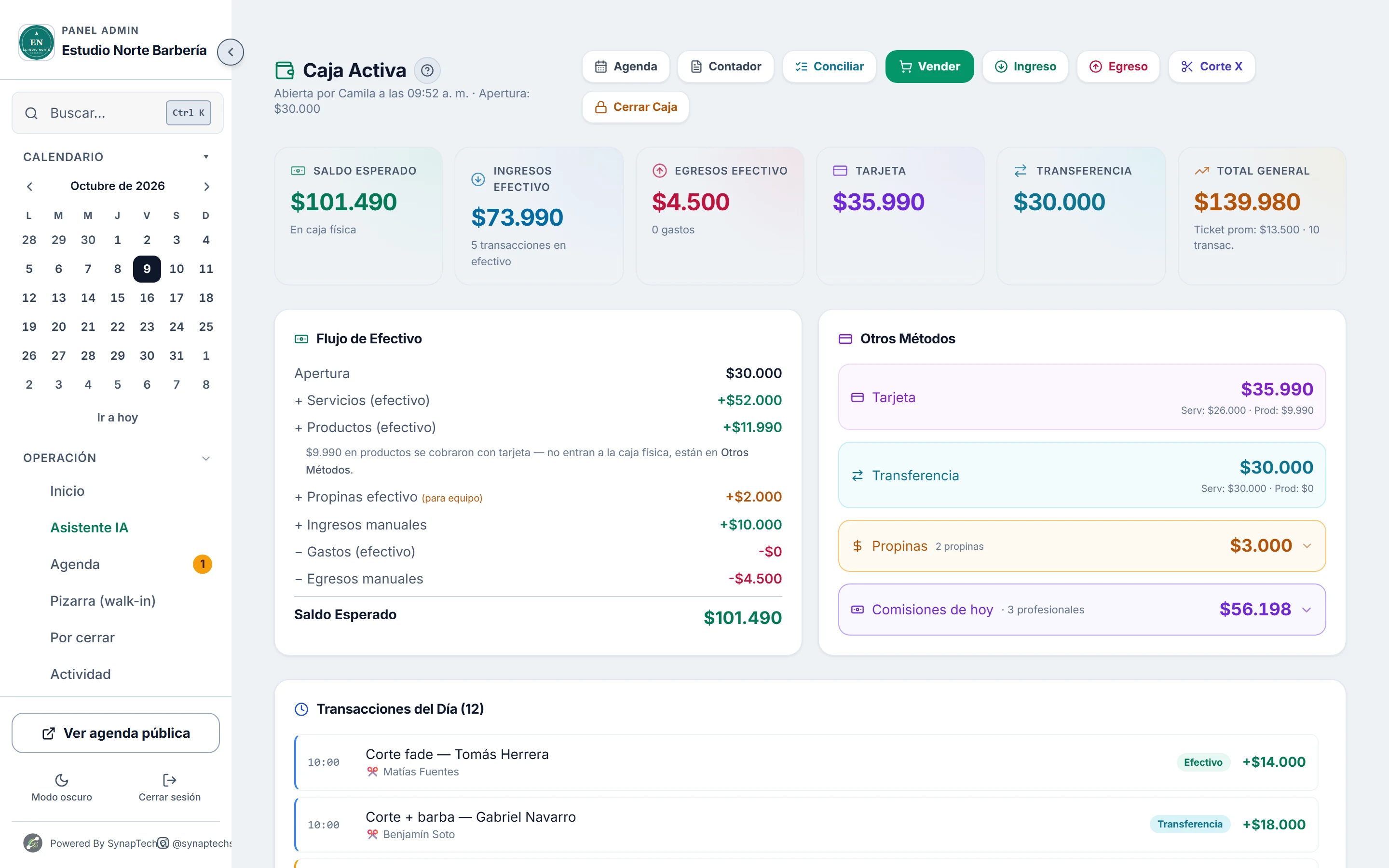 Caja del día con saldo esperado y transacciones