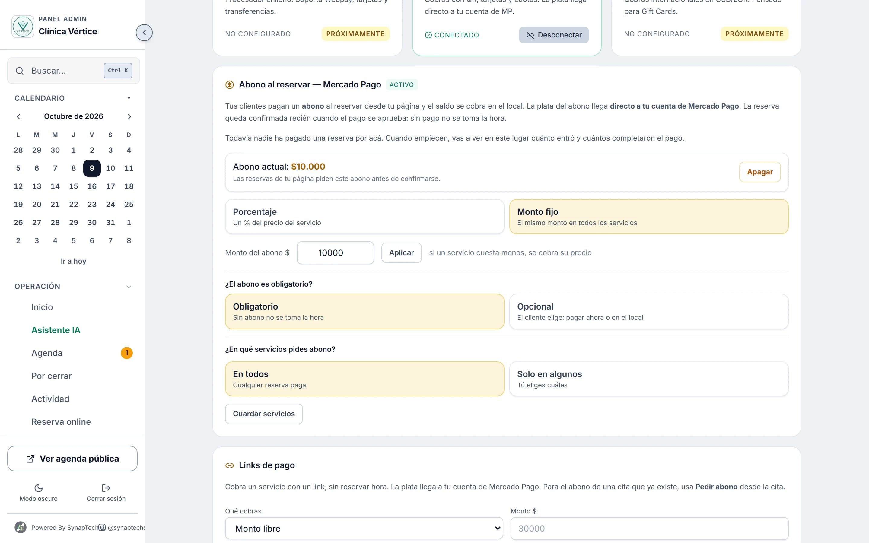 Configuración del abono en el panel