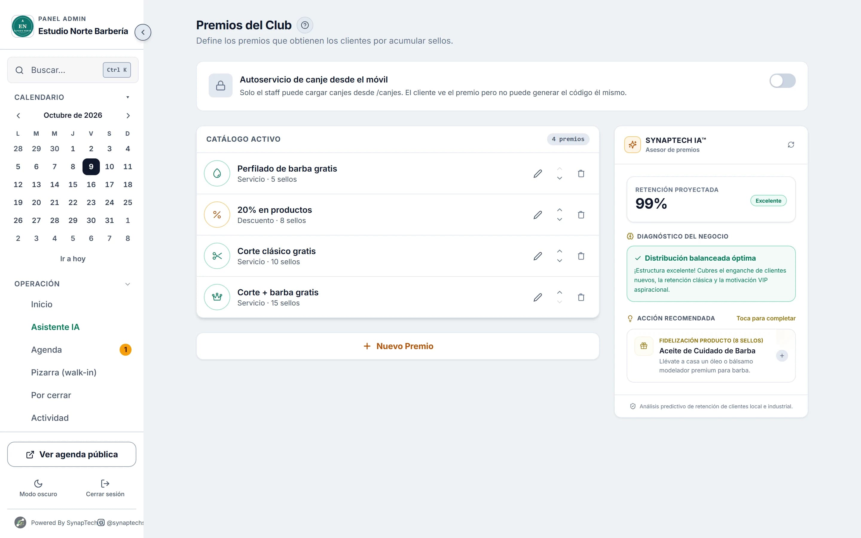 Escalera de premios del club de fidelidad en el panel de SynapTech