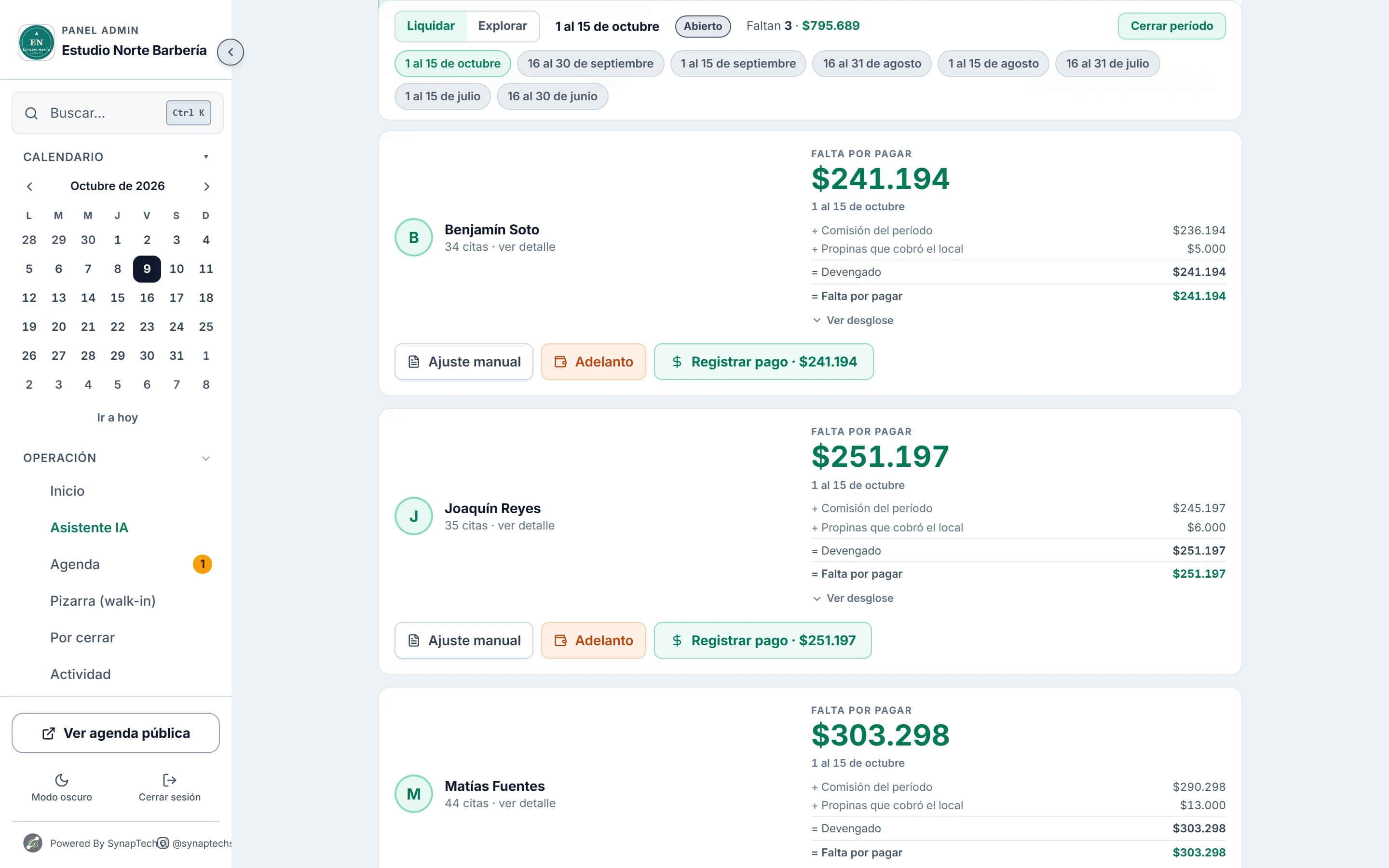 Liquidación de comisiones por profesional en el panel