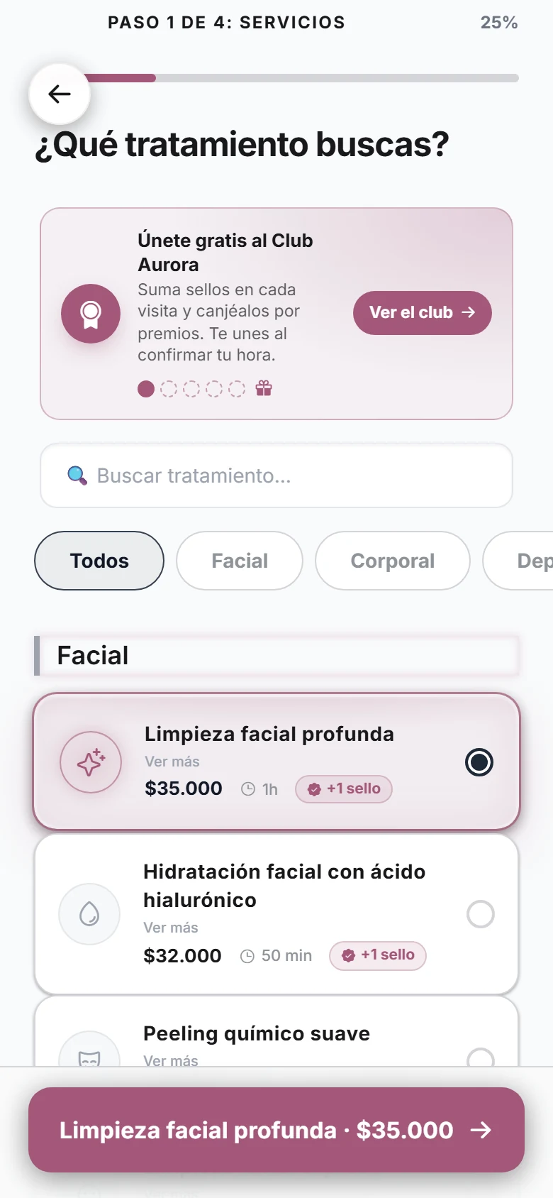 Catálogo de tratamientos en la página de reservas