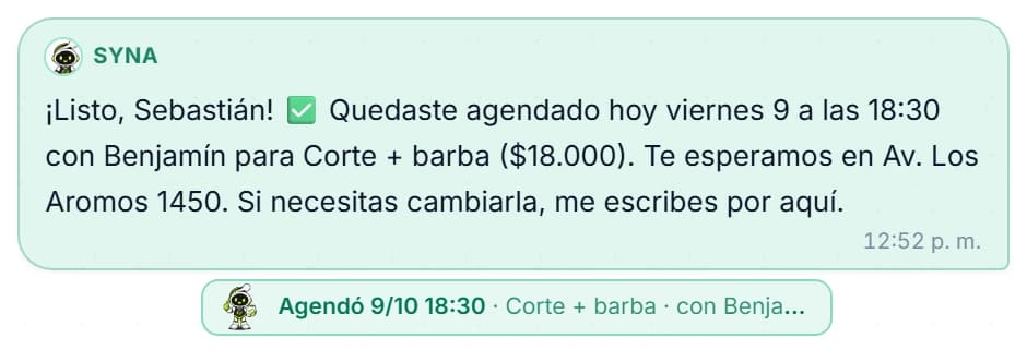 Syna, el asistente con IA, confirma una hora agendada por WhatsApp