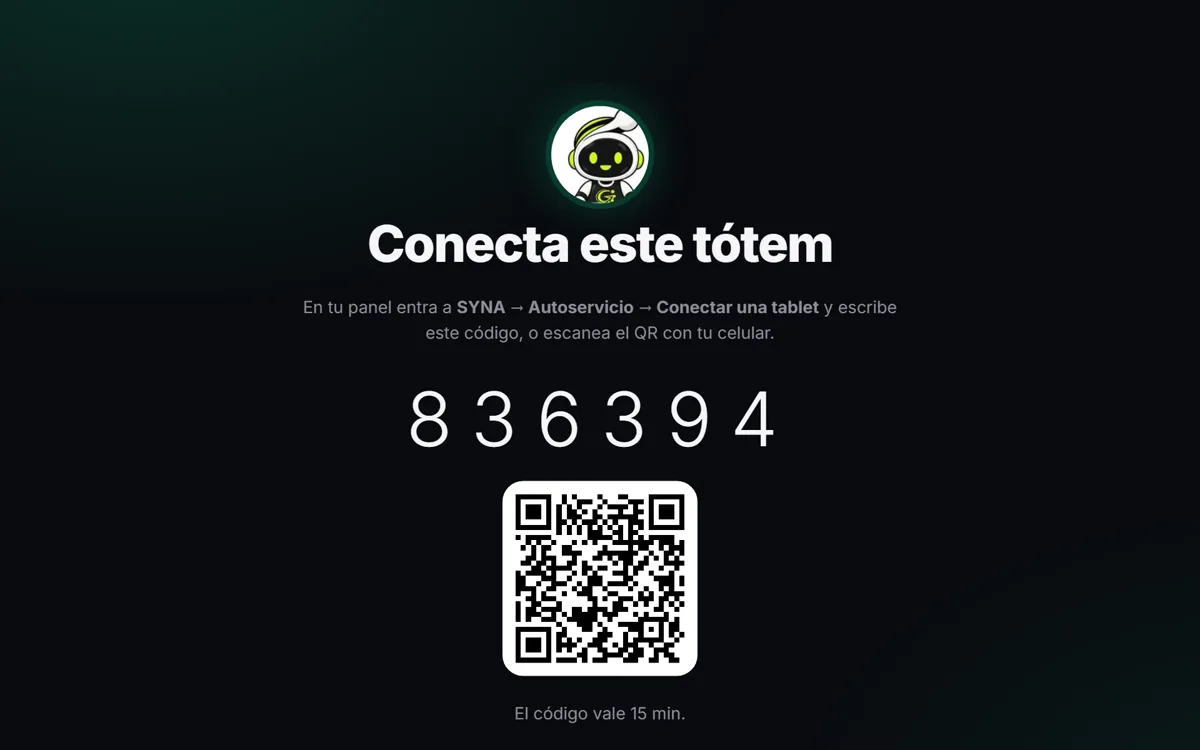 El tótem muestra el código de 6 números y el QR para conectarlo desde el panel