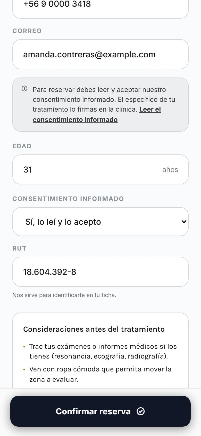 Página de reservas: consentimiento informado obligatorio