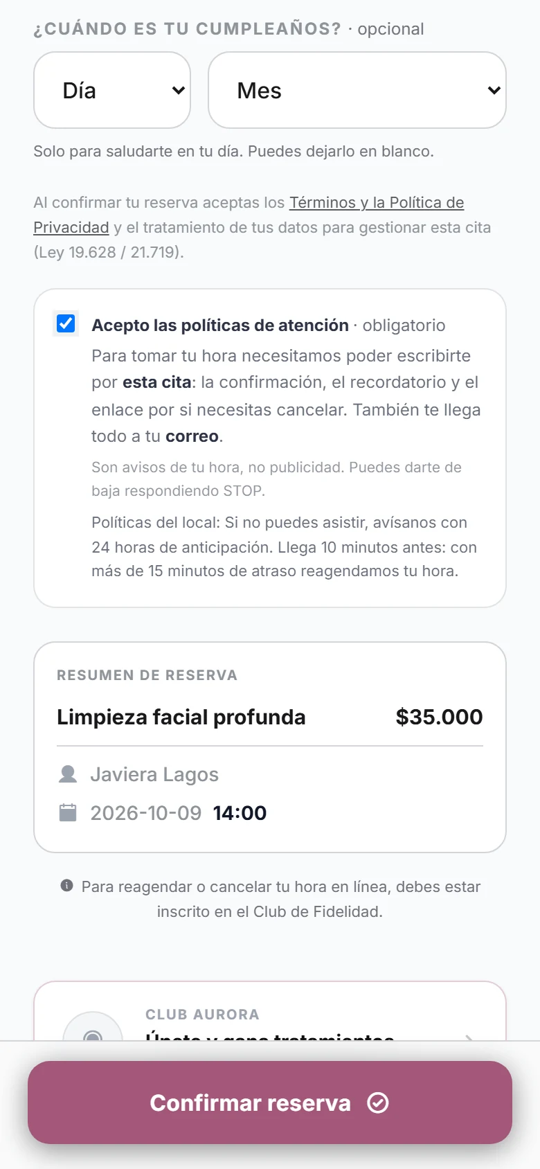 Página de reservas: aceptación obligatoria de las políticas de atención